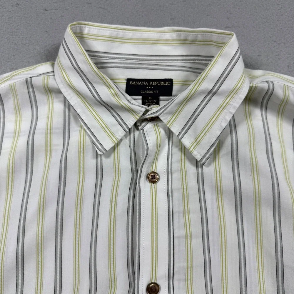 Banana Republic Mens XL Classic Fit Cotton Button Down Stripe Shirt Olive Grey